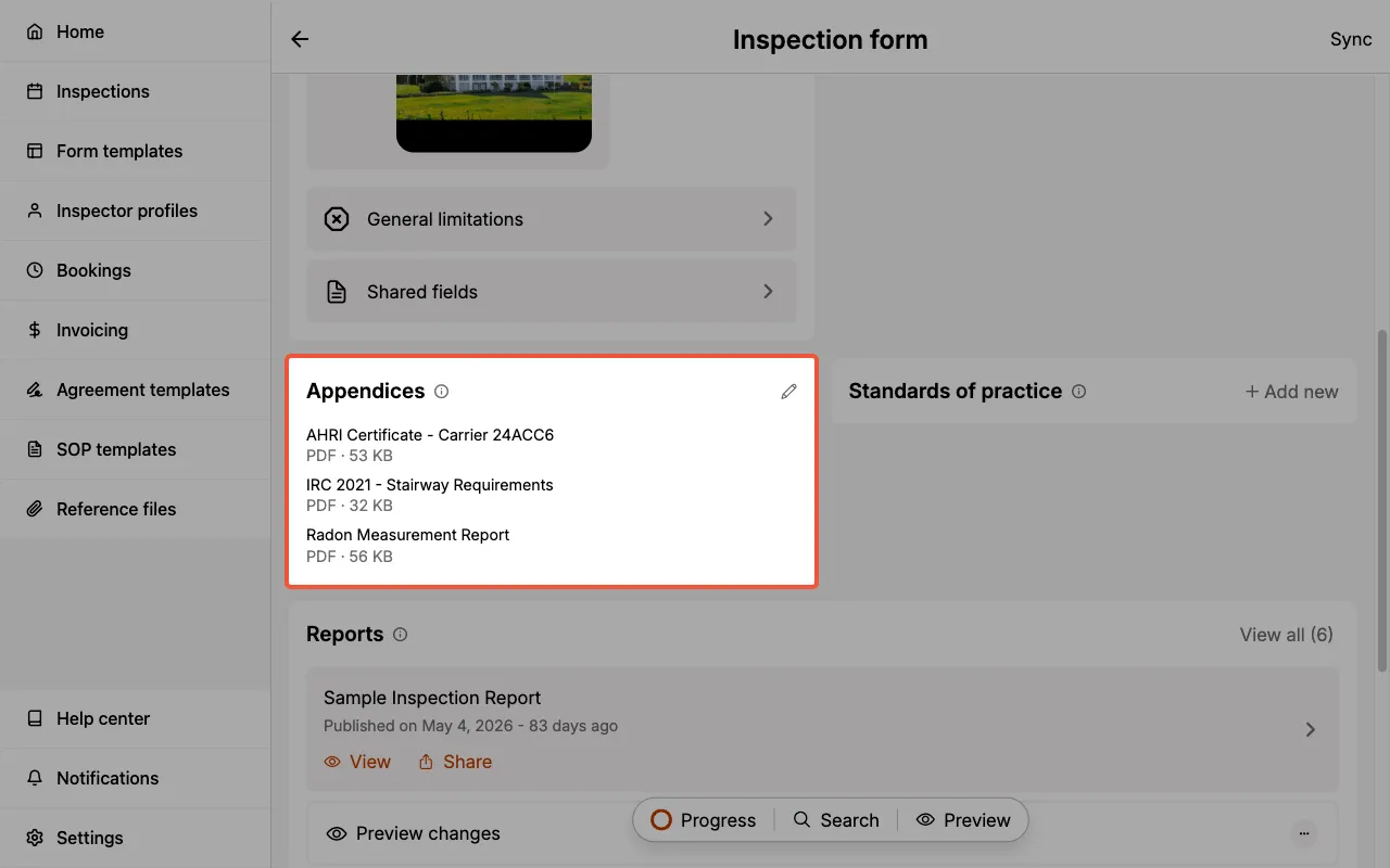 Appendices section on an Inspection Form listing three attached documents.