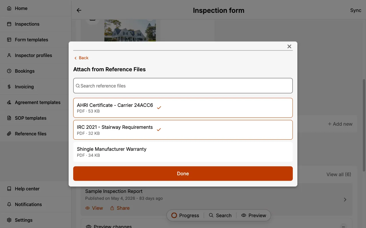 Attach from Reference Files picker with two documents selected.