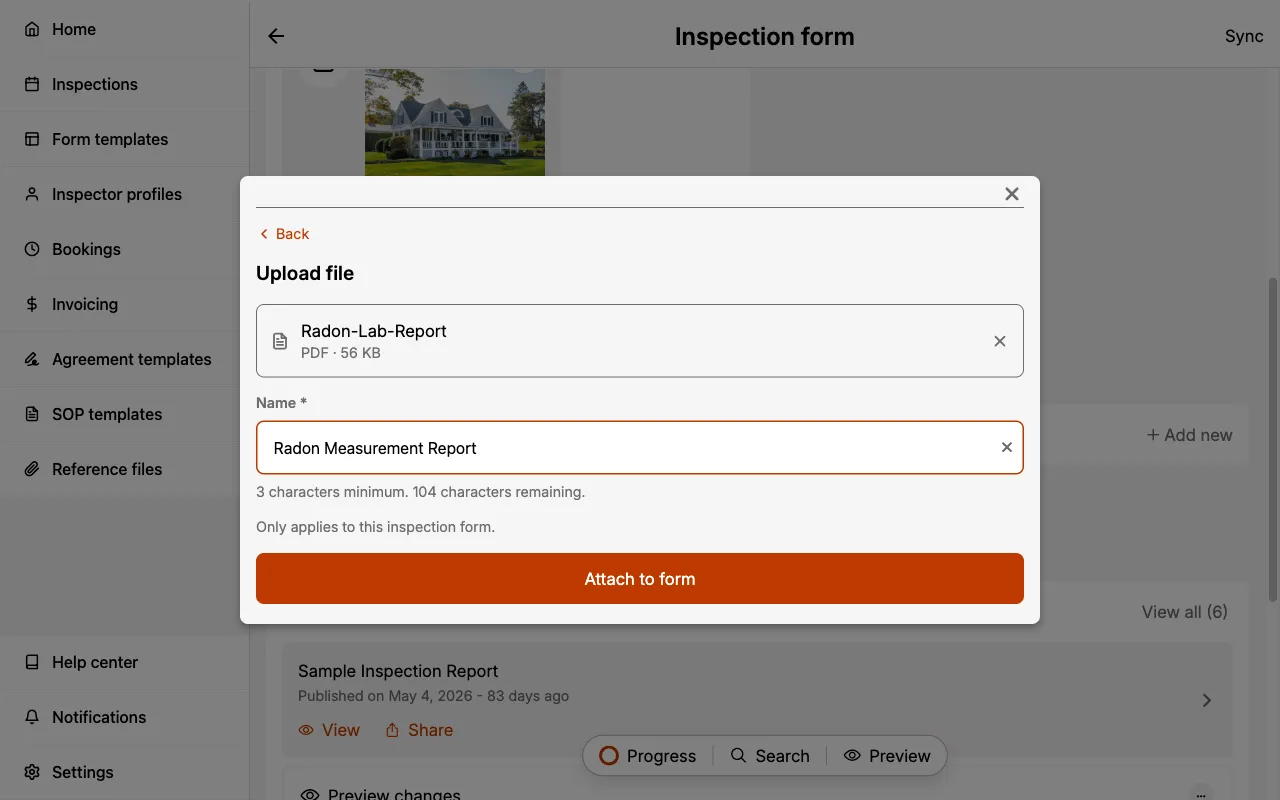 Upload file panel for attaching a document to this form only.