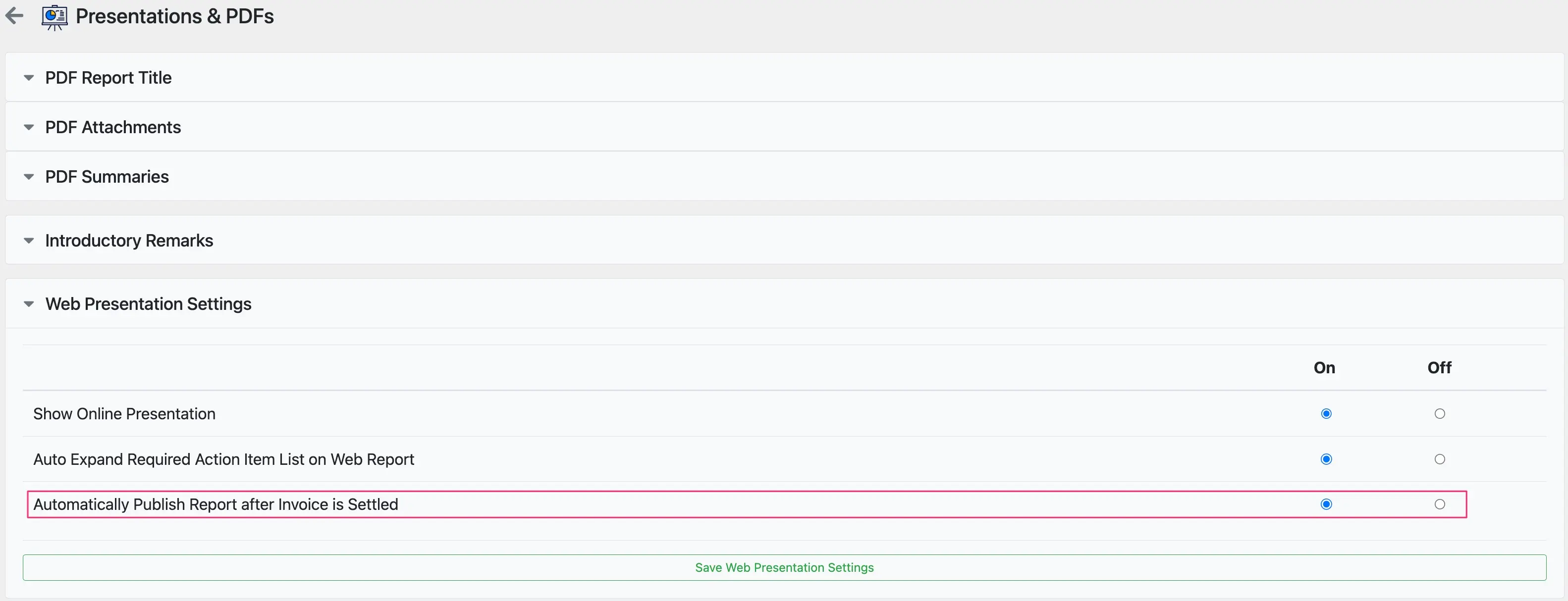 Setting to automatically publish web reports after invoice is settled