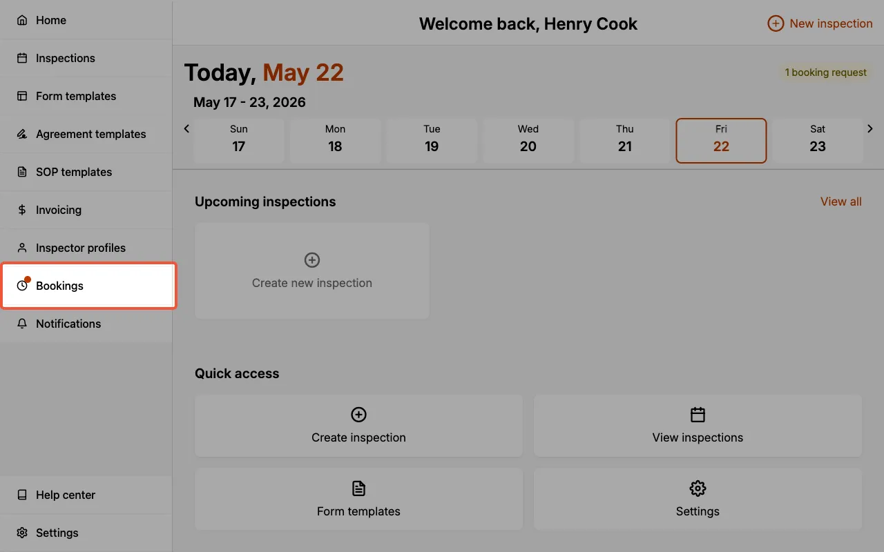 Bookings entry in the side menu with a pending notification dot.