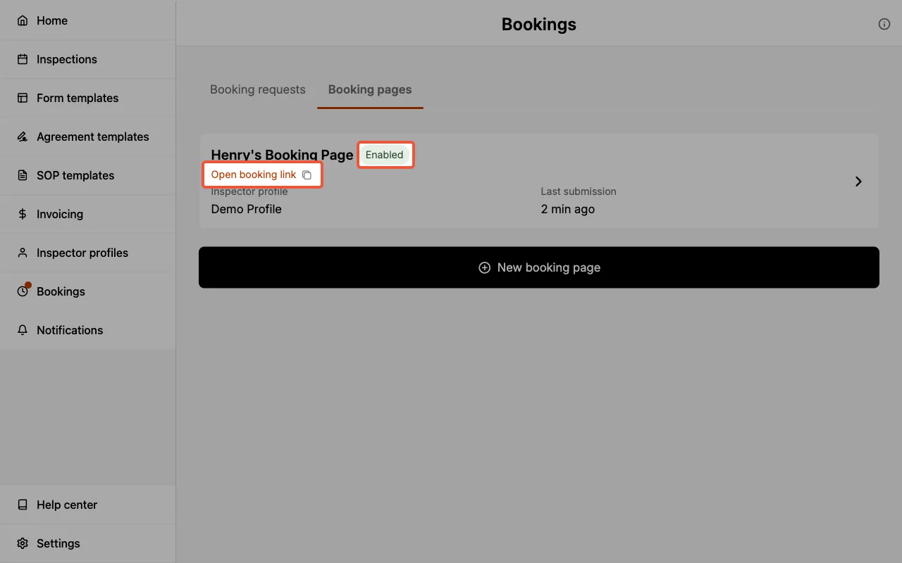 Booking pages tab showing an Enabled page with copy and Open booking link actions.