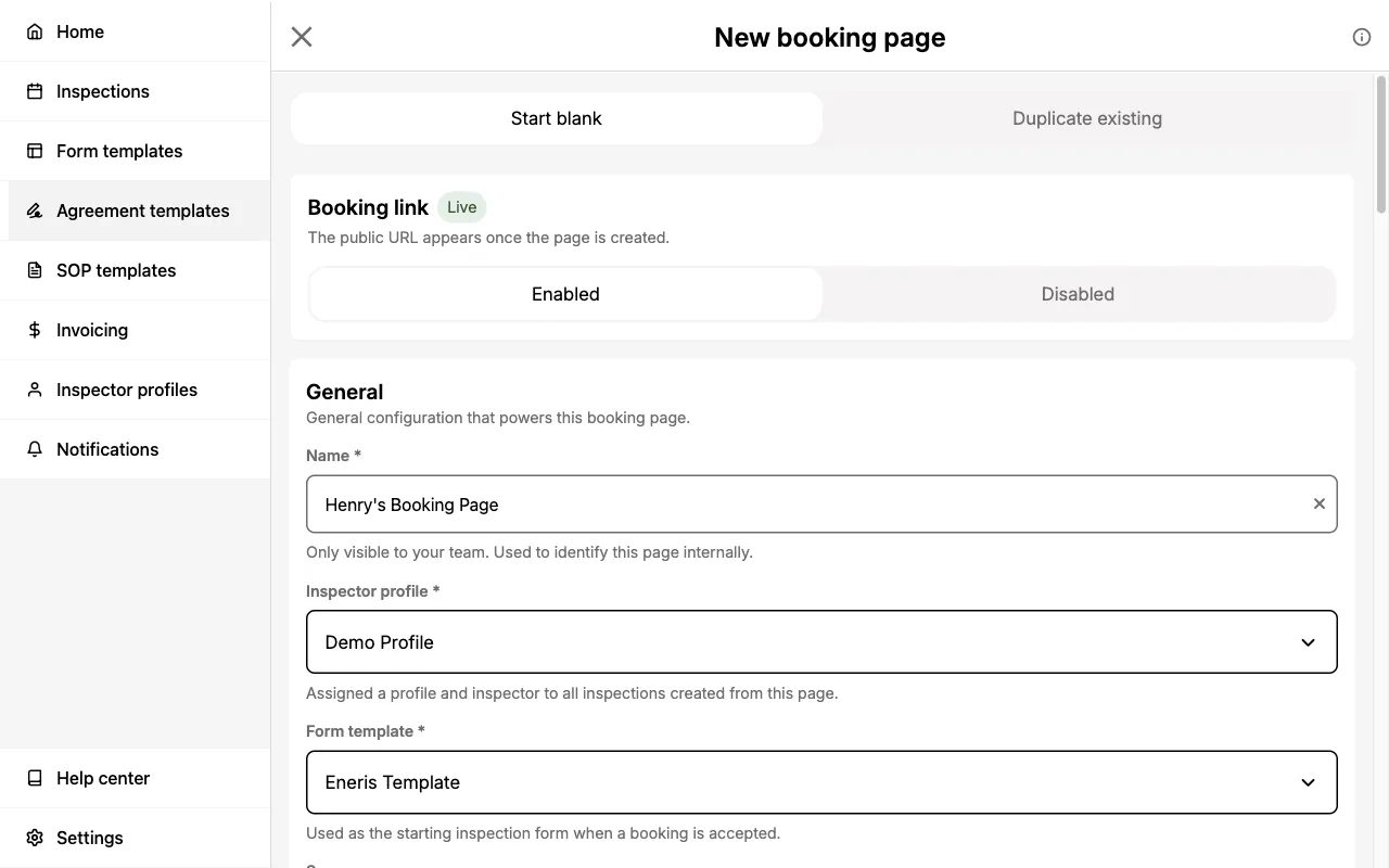 Create booking page form showing the General section.