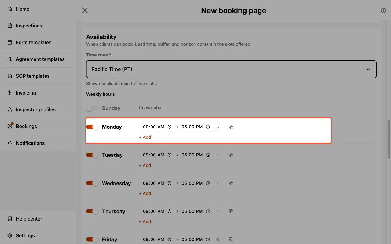 Availability section with weekly time windows, lead time, and slot step.