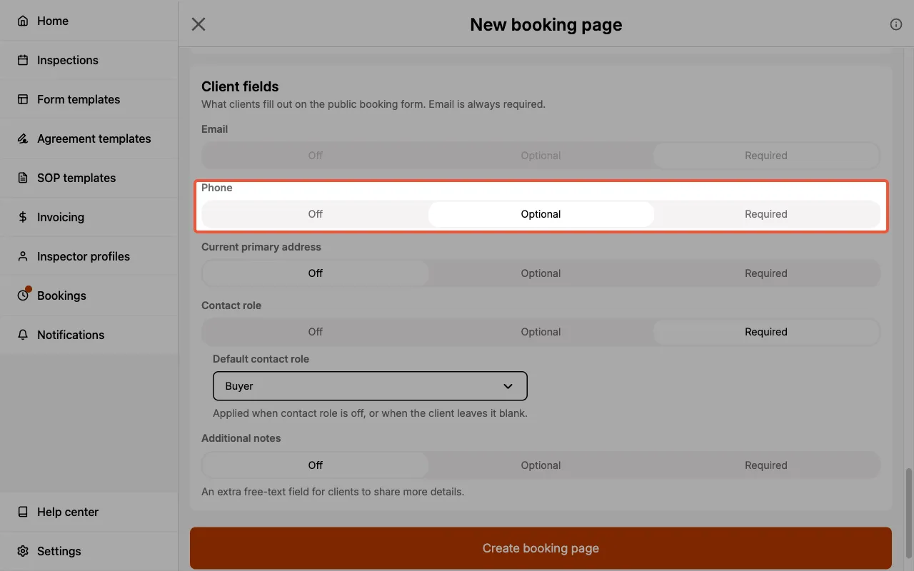 Client Fields Configuration with Off, Optional, and Required selectors.