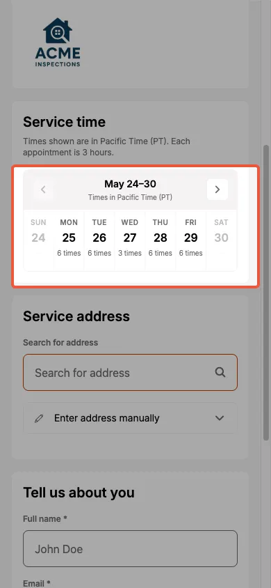 Scheduling page step one with the availability grid.