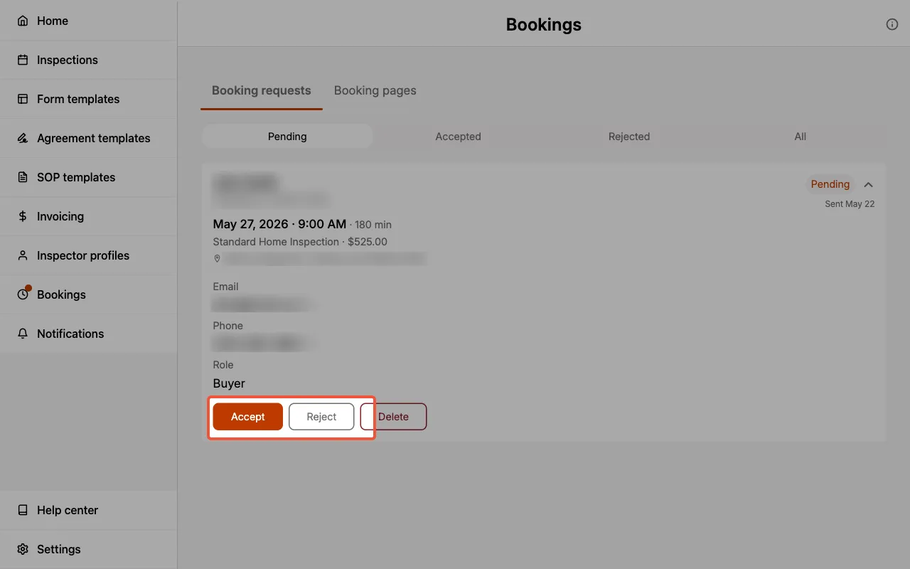 Booking requests tab on the Pending filter showing Accept and Reject actions.