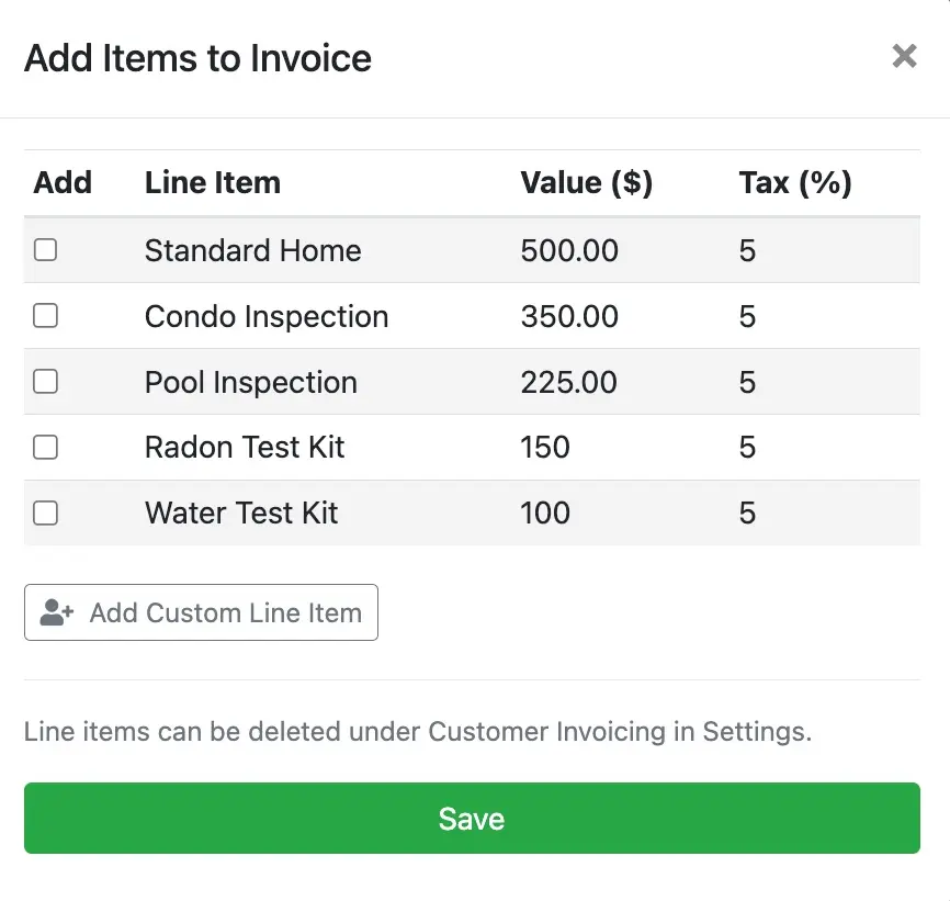 Adding items to the invoice