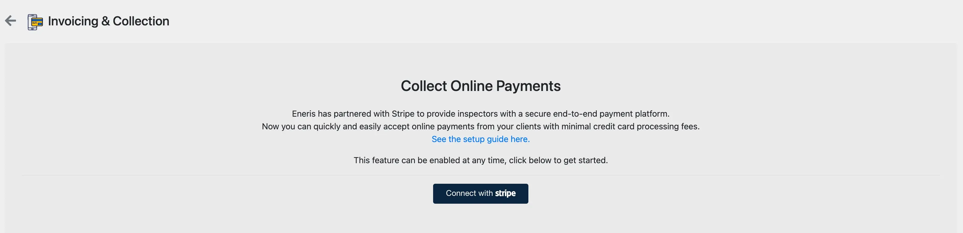 Connect with Stripe button initiates the integration