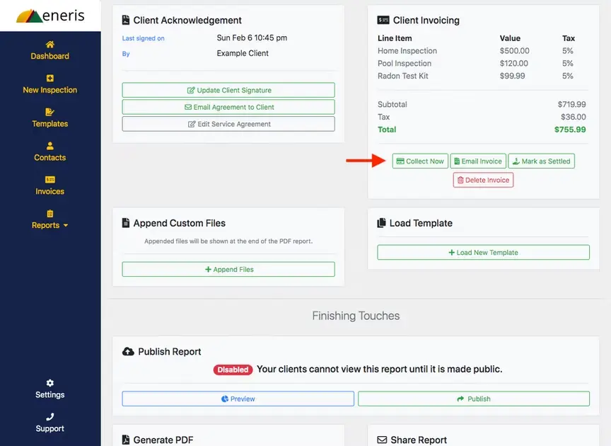 Collect credit card payments in Eneris by selecting the Collect Now button