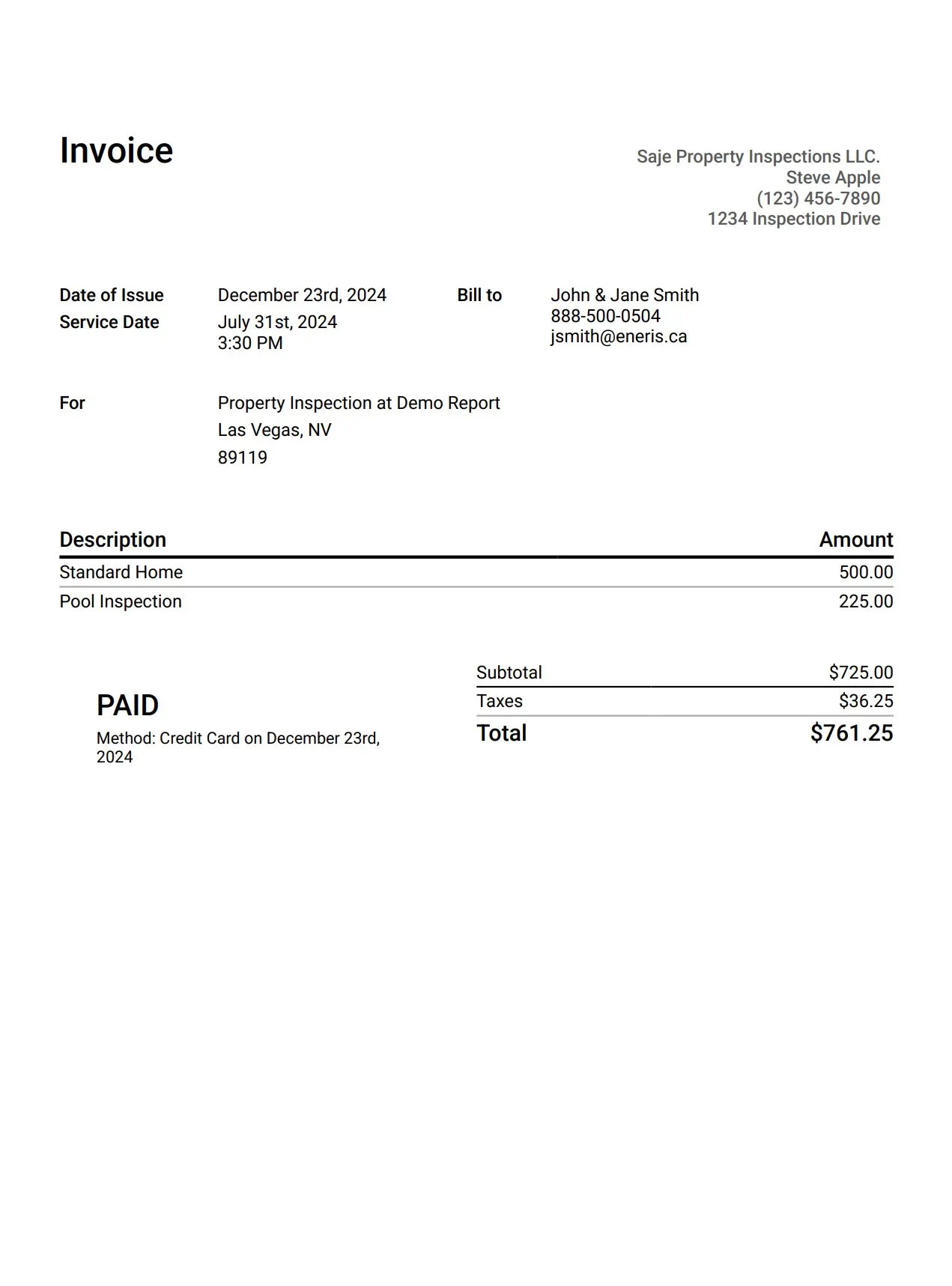 Example of the invoice PDF sent to clients via email