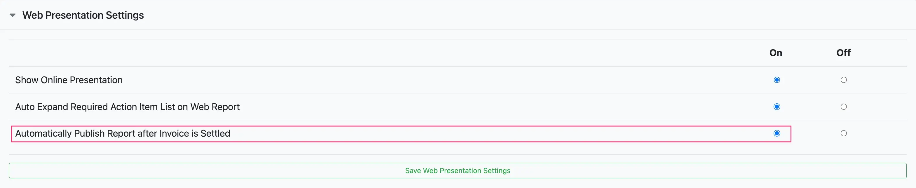 Enable this setting to automatically publish a web report when an invoice is settled