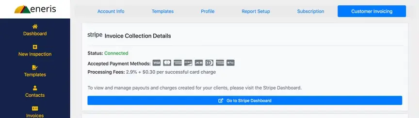 Button in Eneris redirecting to the Stripe dashboard