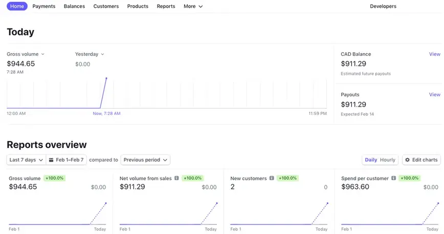 Stripe dashboard is the landing page
