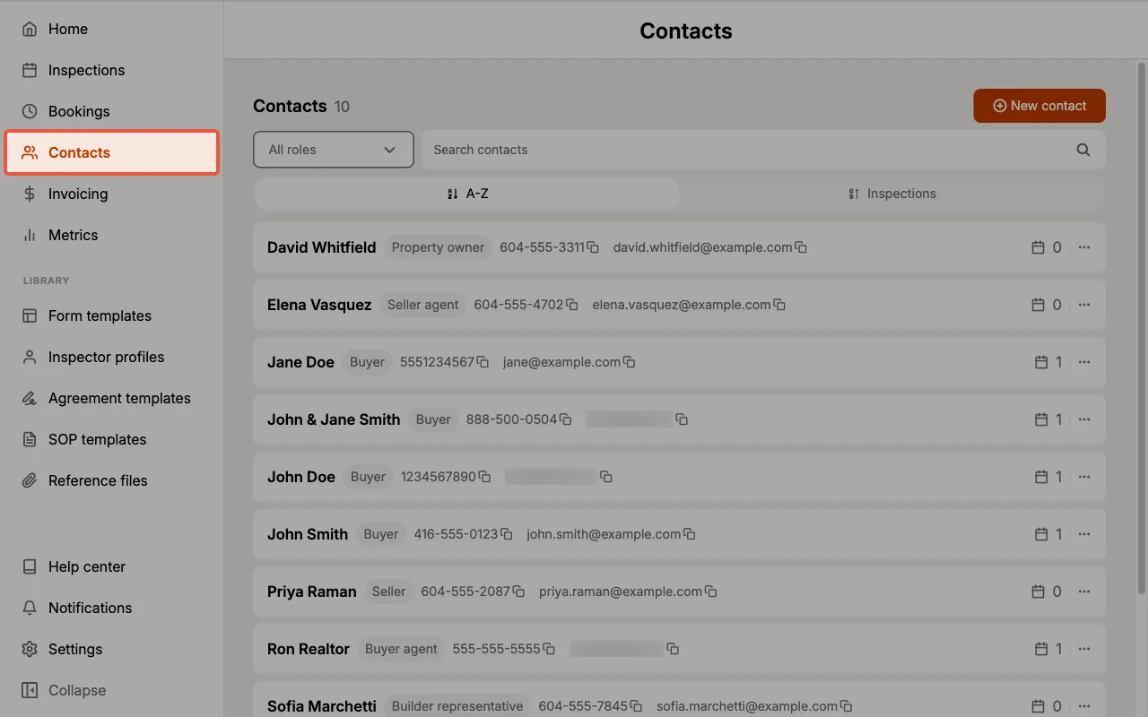 Contacts selected in the sidebar, showing the team contact list.