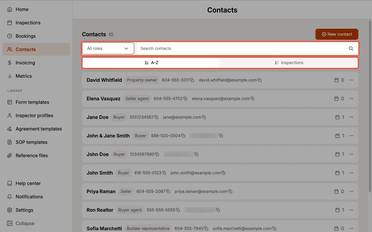 Role filter, search box, and sort control above the contact list.