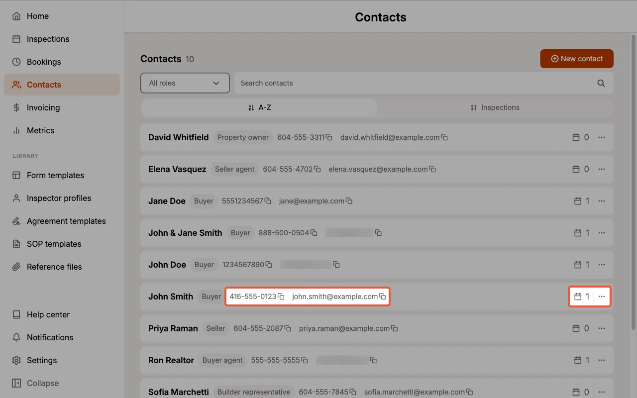 Contact row with the phone and email details and the count and menu actions highlighted.
