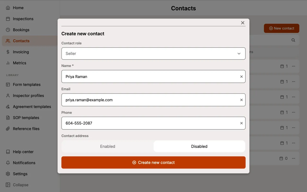 Create new contact sheet with a role, name, email, and phone entered.