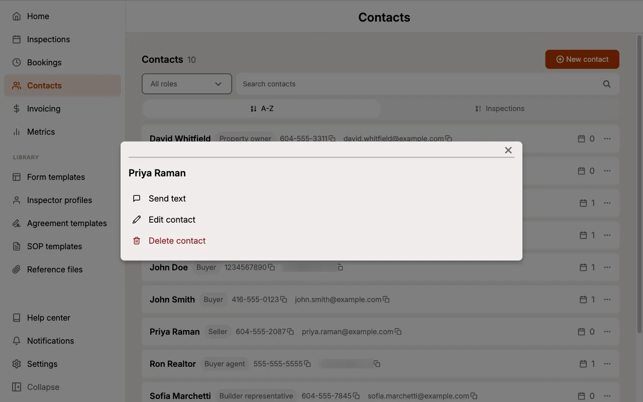 Contact row menu showing Send text, Edit contact, and Delete contact.