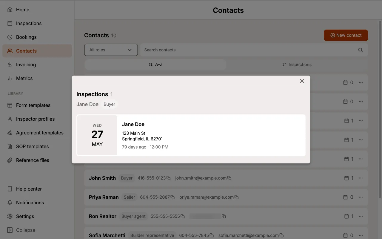 Inspections list for a single contact, opened from the contact's count.