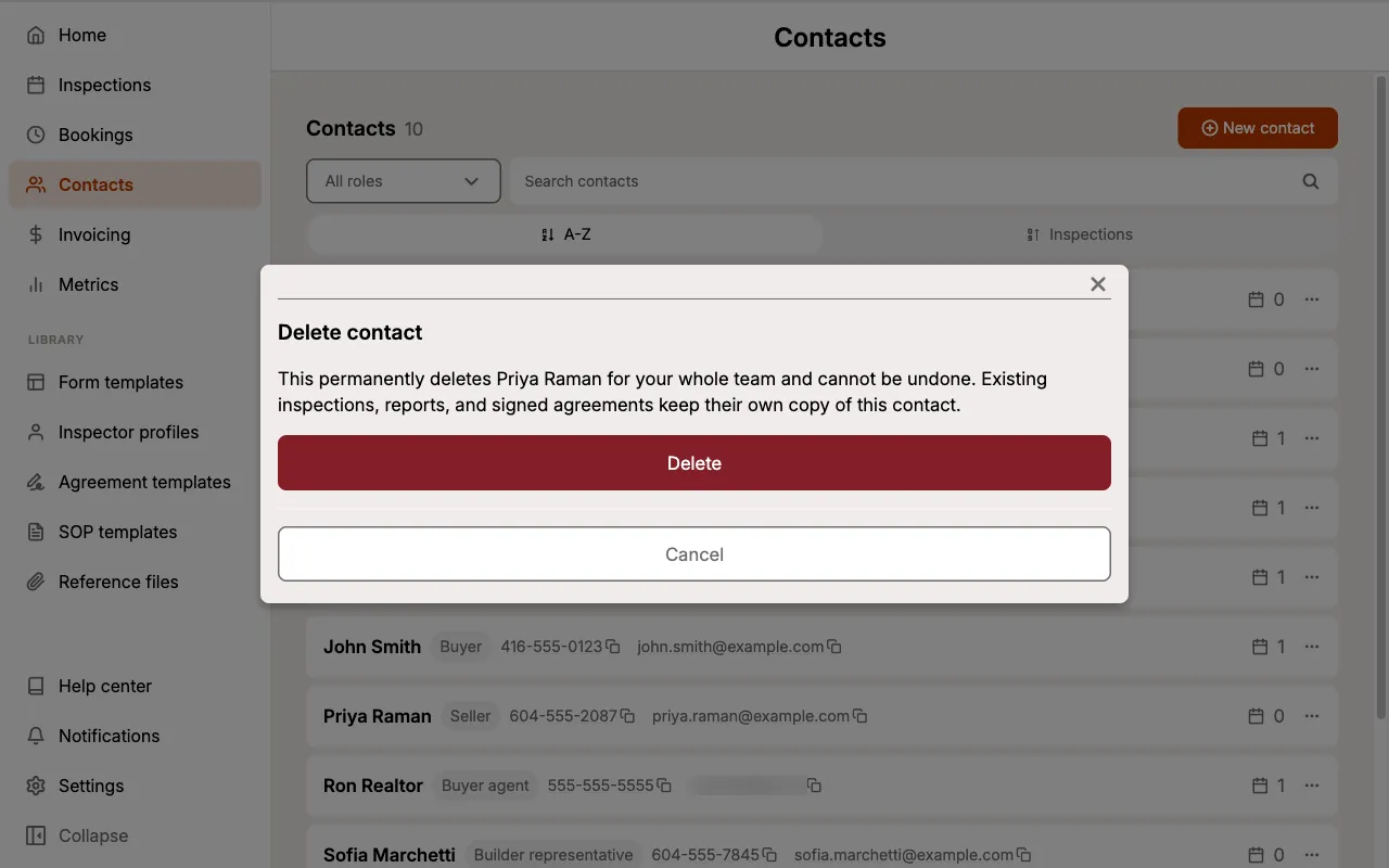 Delete contact confirmation explaining that the deletion is permanent and team-wide.