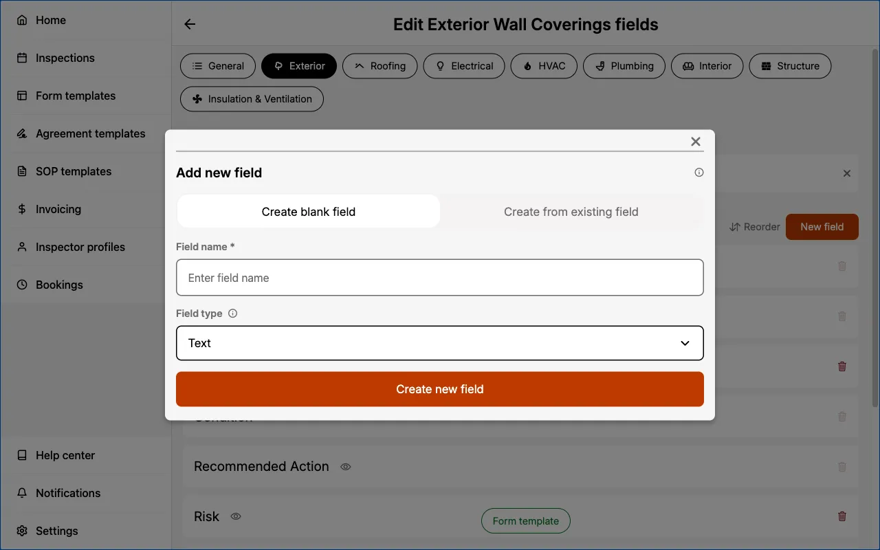 Creating new fields in a Form Template.