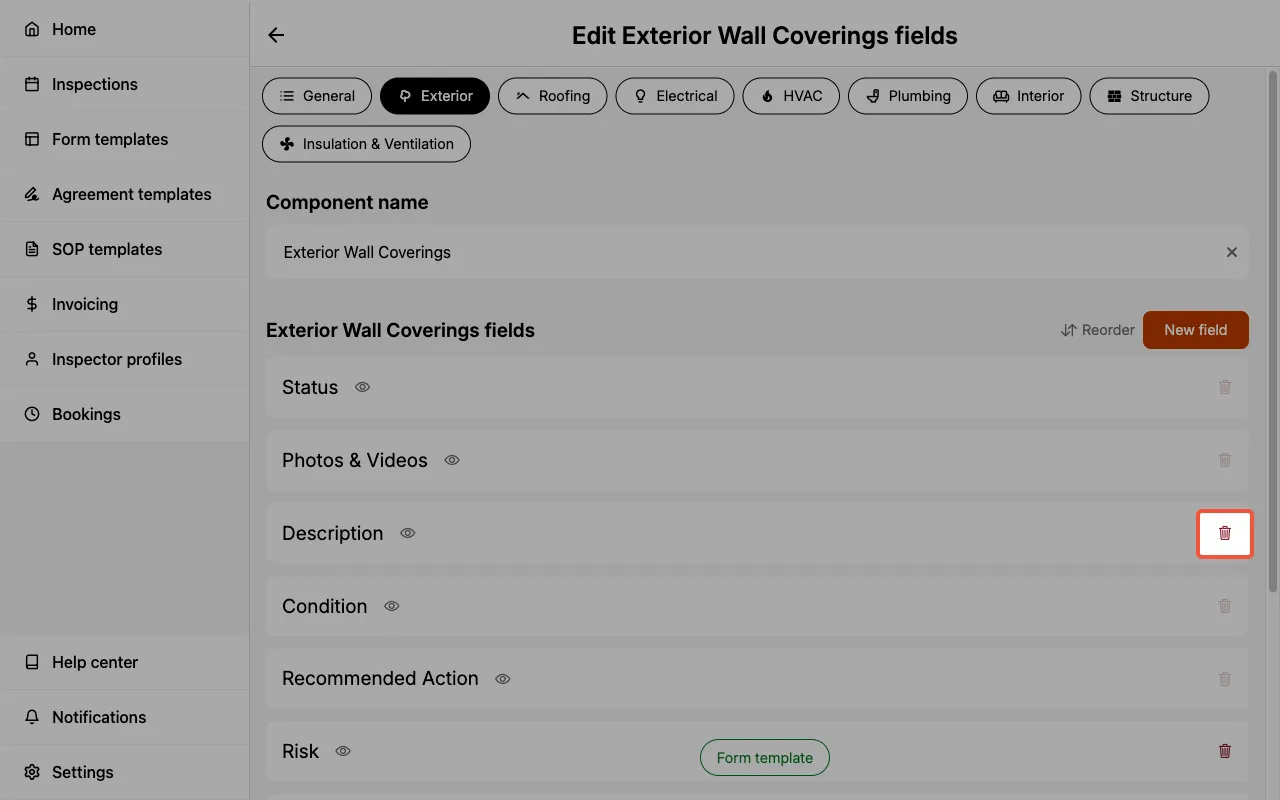 Trash icons next to fields in the edit component fields page.