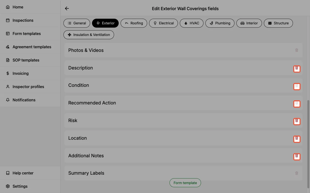 Trash icons next to fields in the edit component fields page.