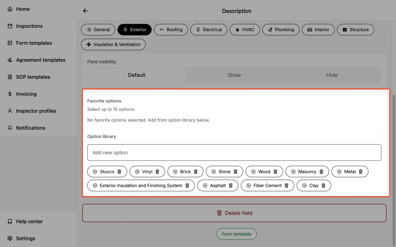 Favorite options and option library sections in a field edit page.