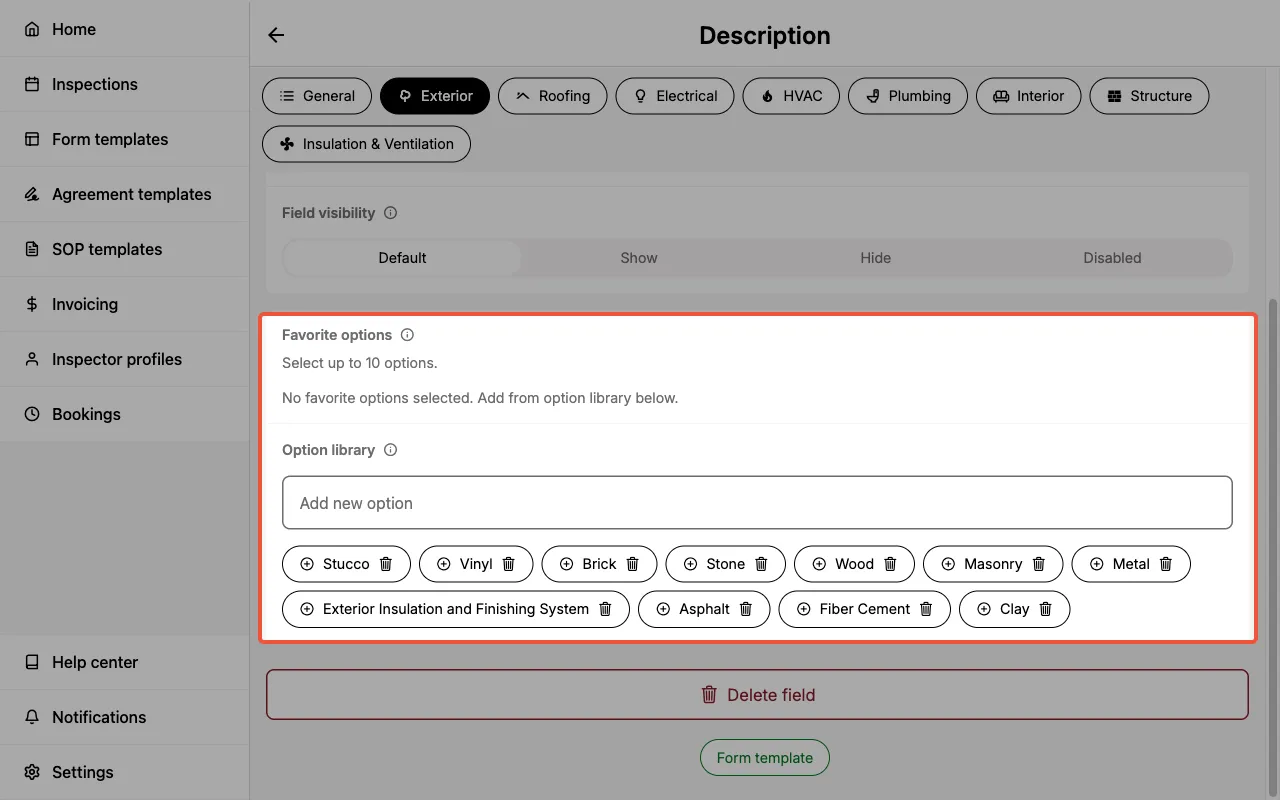Favorite options and option library sections in a field edit page.