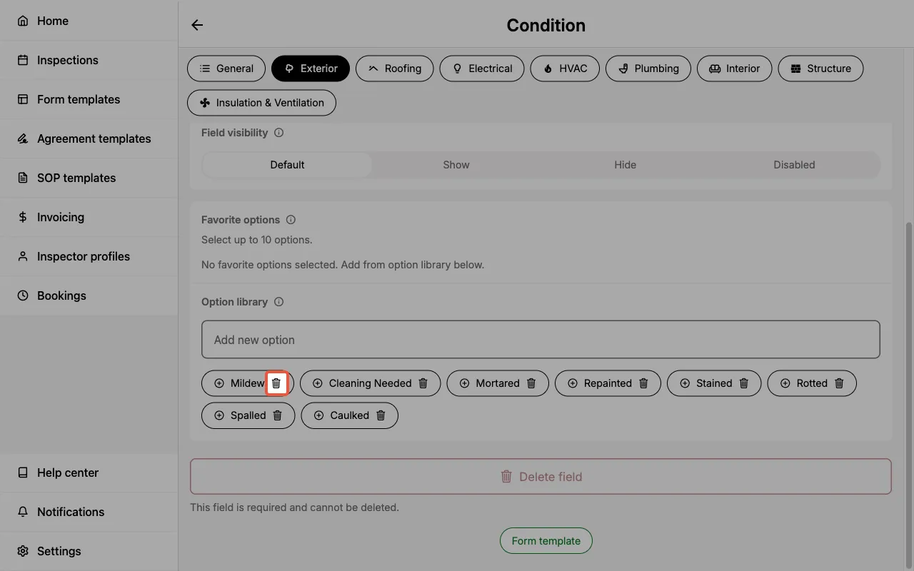 Deleting checkbox options in a Form Template.