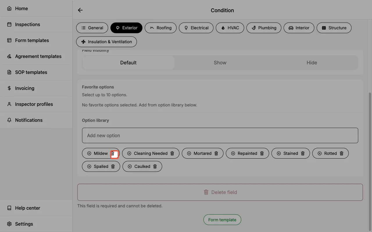 Deleting checkbox options in a Form Template.