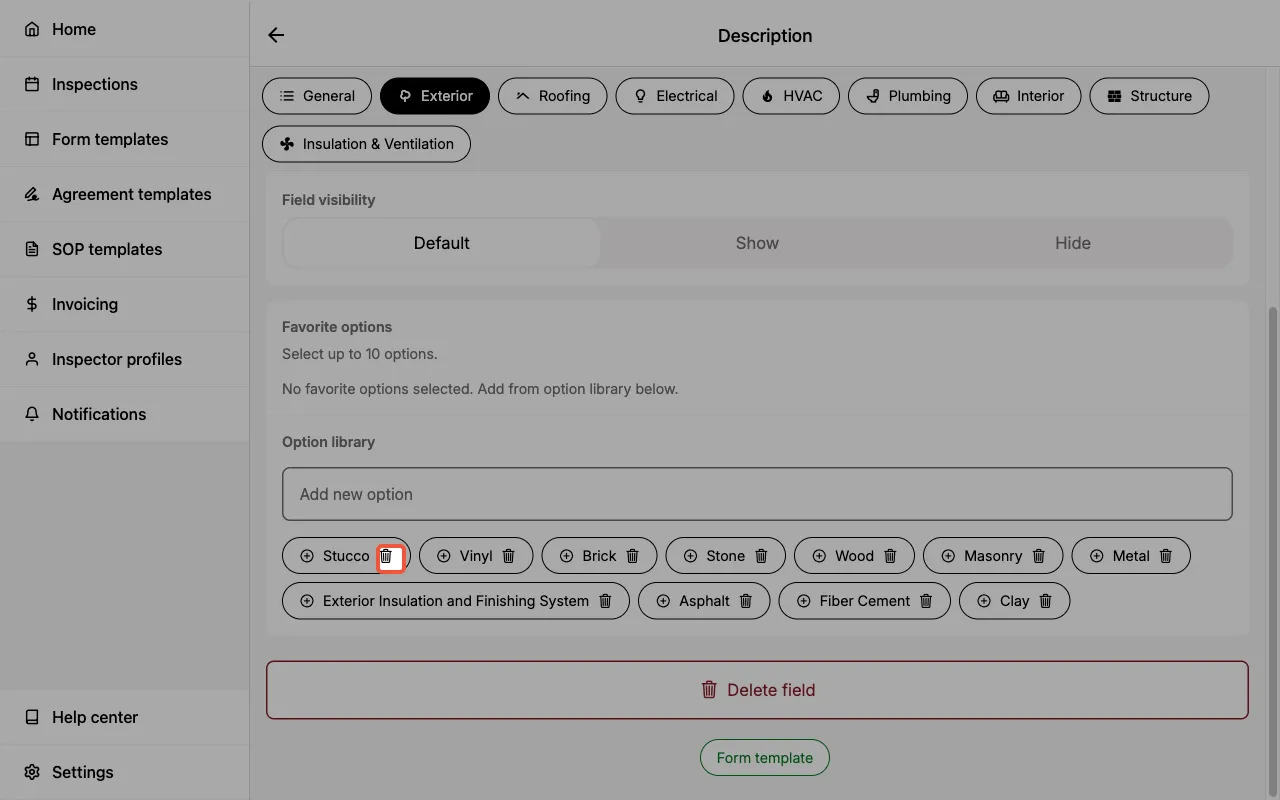 Deleting text field options in a Form Template.