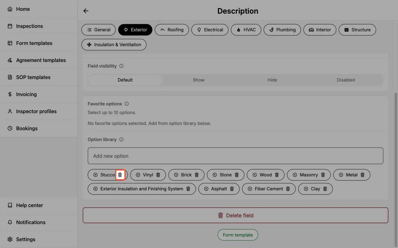 Deleting text field options in a Form Template.