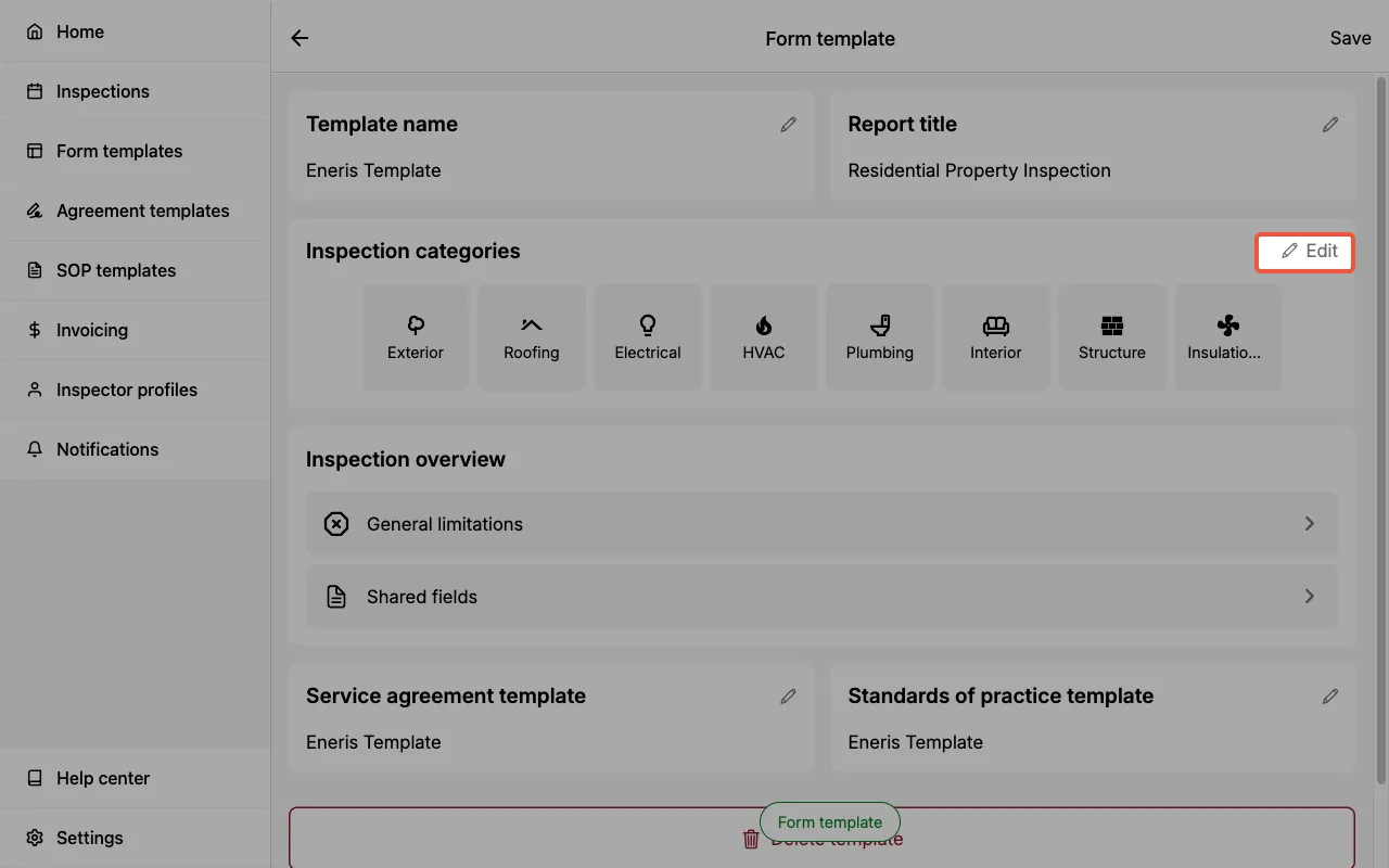 Edit icon in the Categories section of a Form Template.
