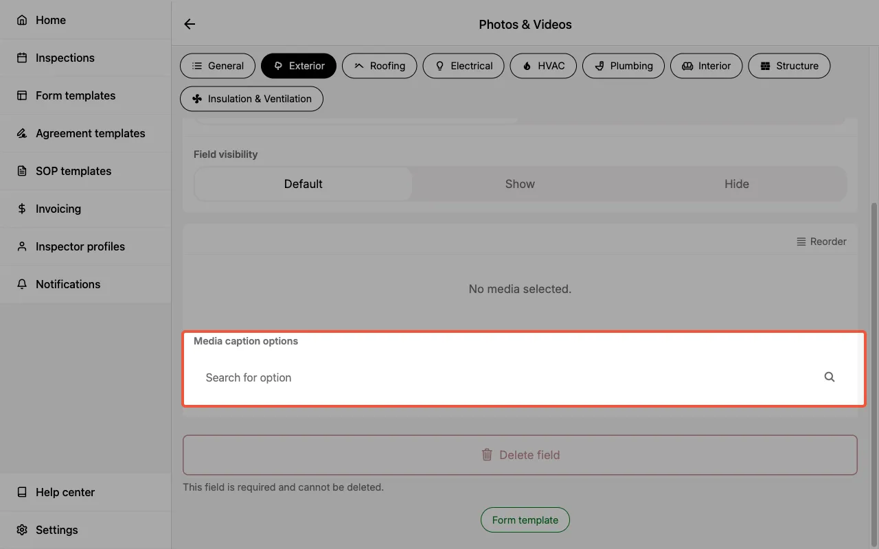 Media caption options in a Form Template.
