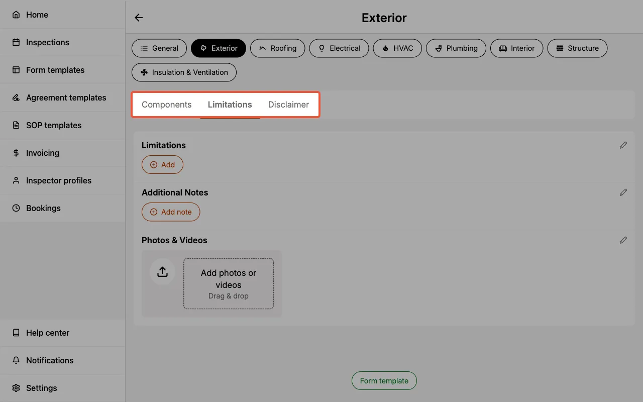 Limitations tab in the category details page.