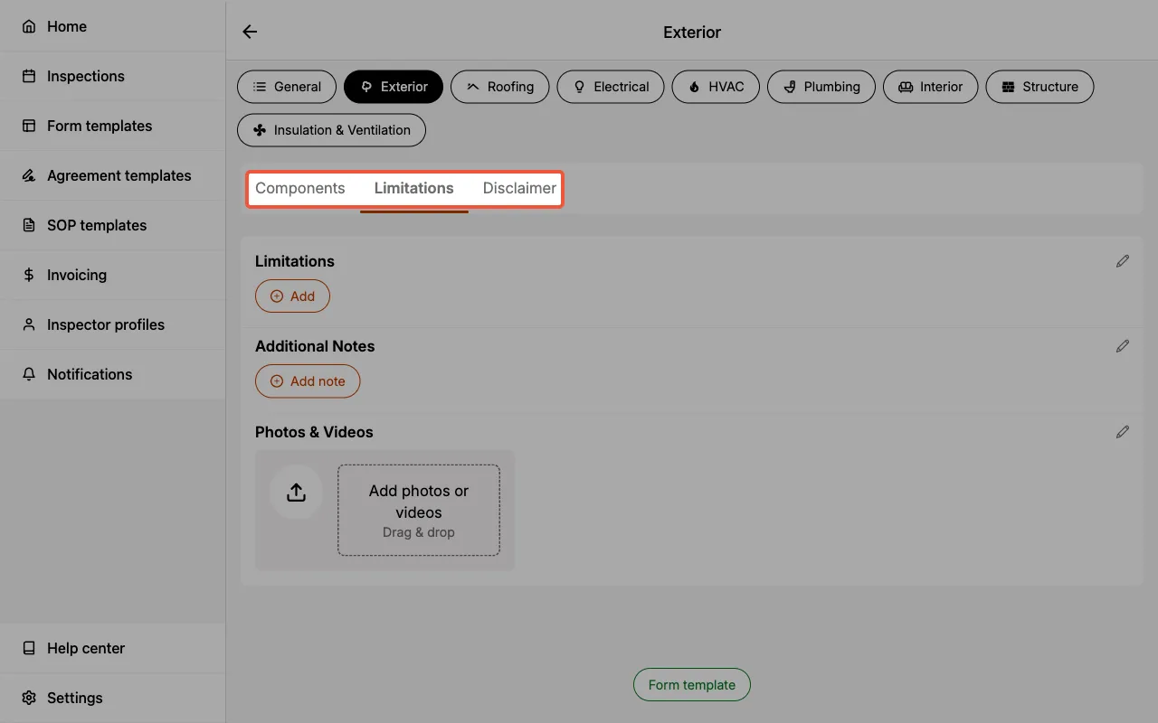 Limitations tab in the category details page.