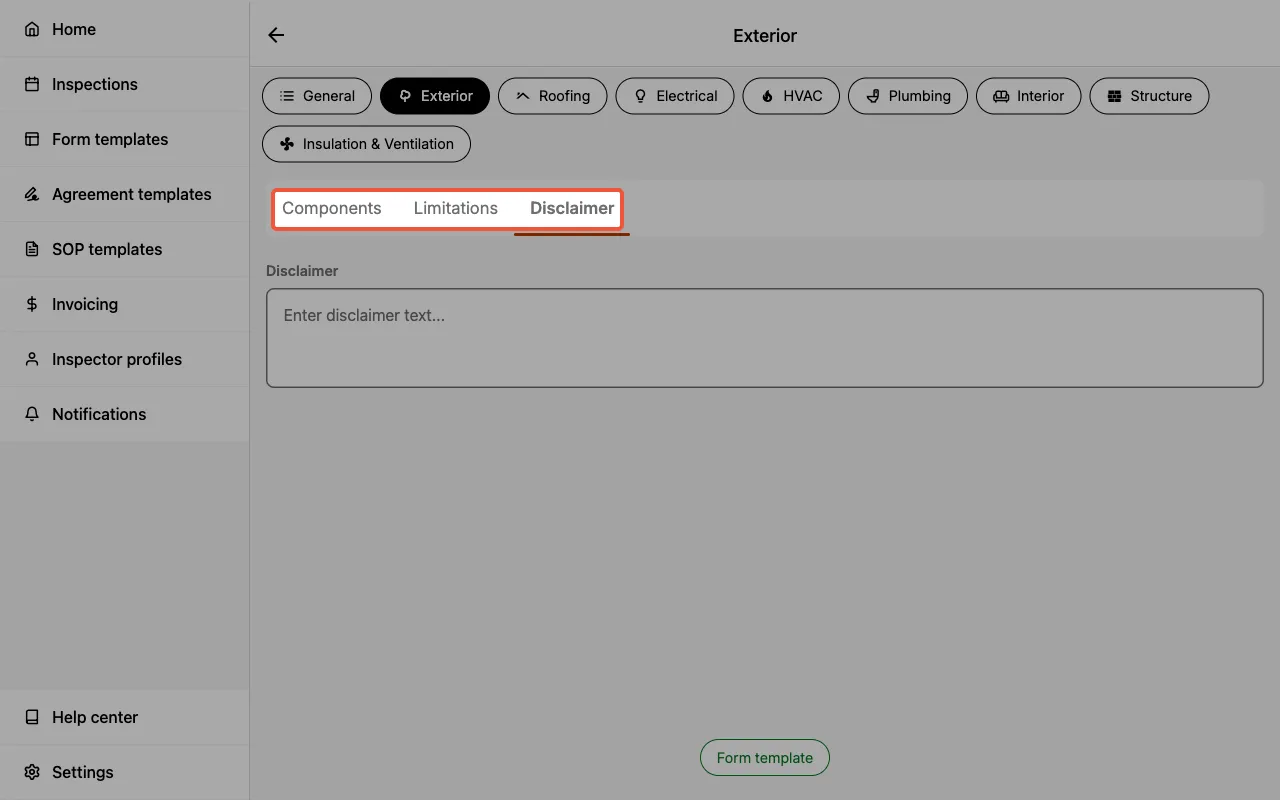 Disclaimer tab in the category details page.