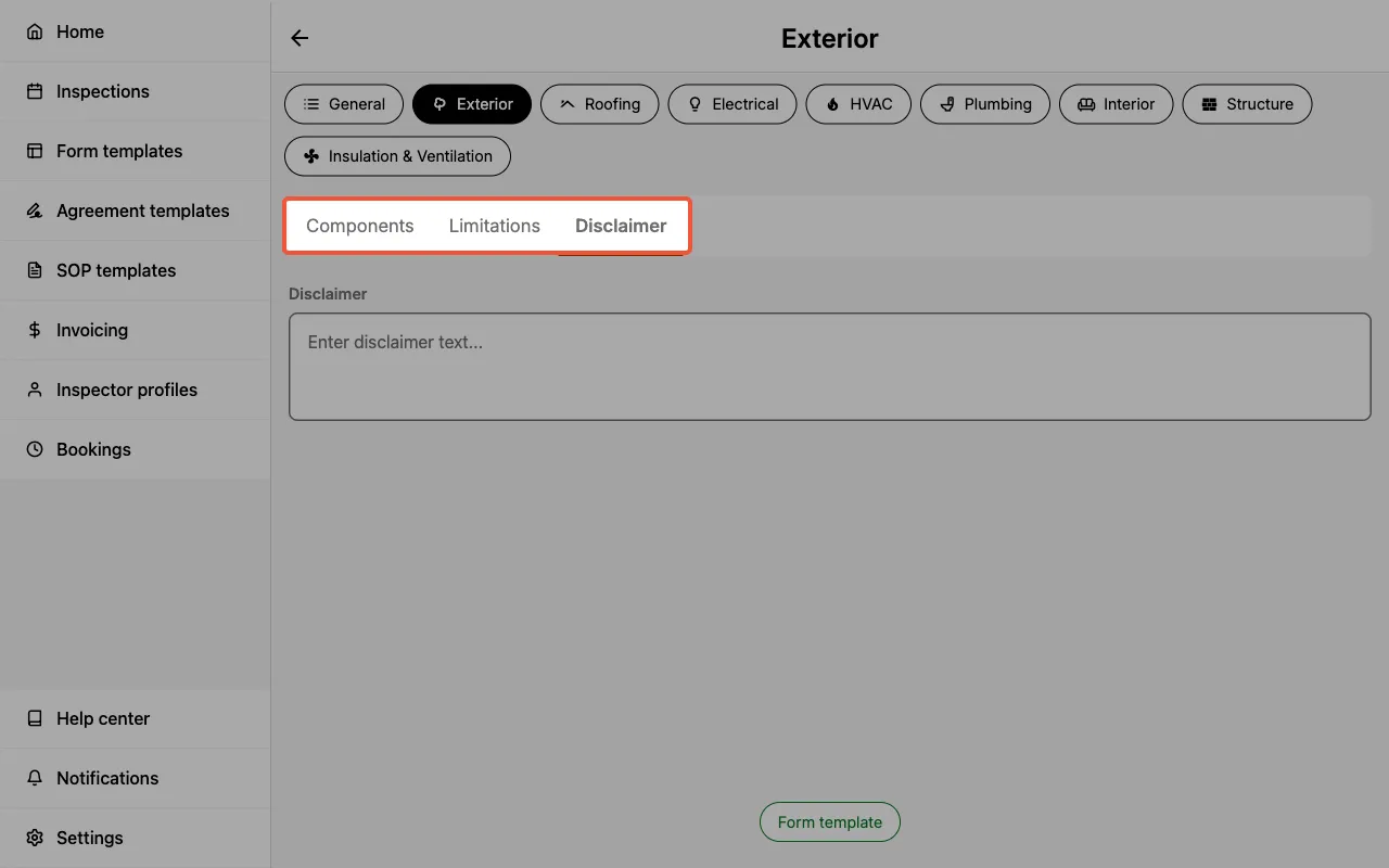 Disclaimer tab in the category details page.