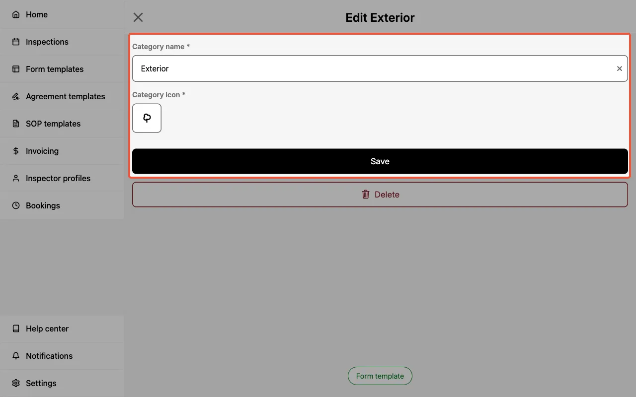 Editing categories in a Form Template.