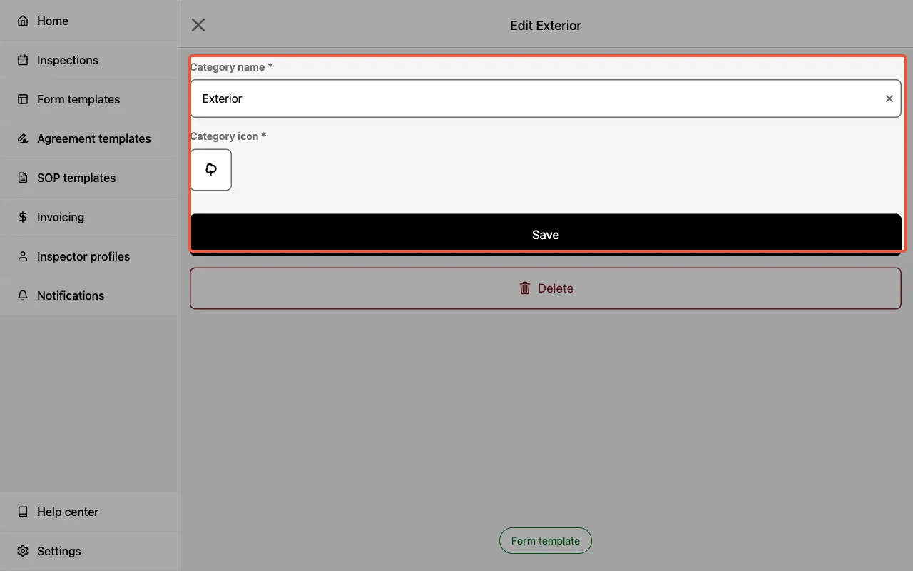 Editing categories in a Form Template.
