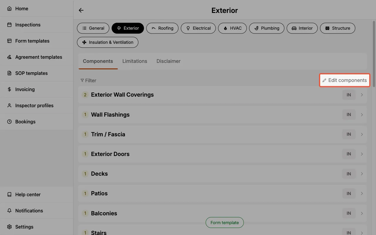 Edit components button in the category details page.