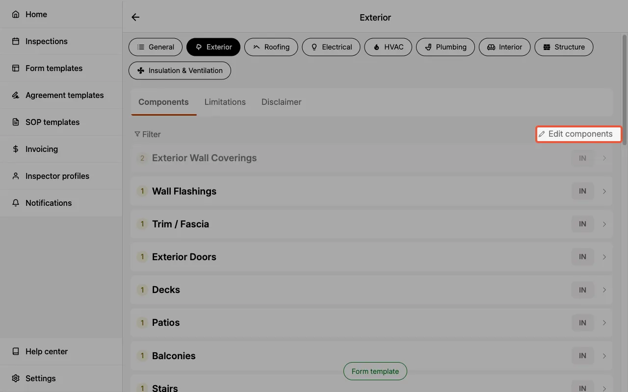Edit components button in the category details page.