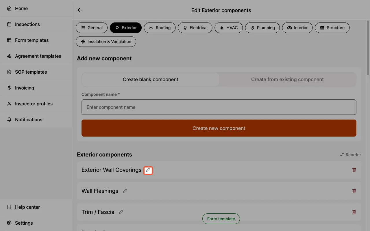 Pencil icon next to a component in the edit components page.
