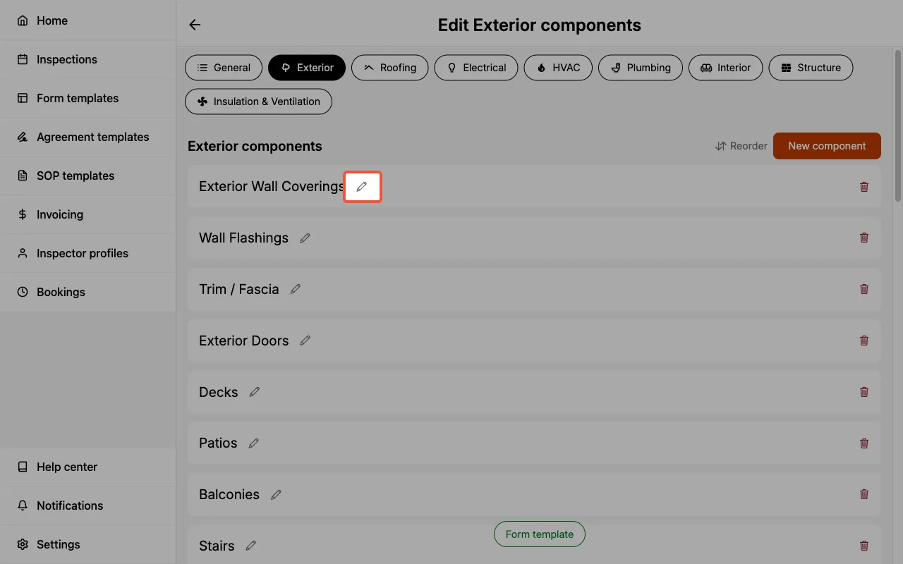 Pencil icon next to a component in the edit components page.