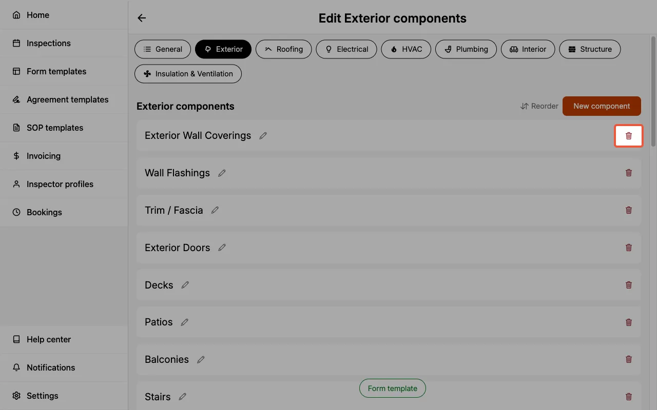 Trash icon next to a component in the edit components page.