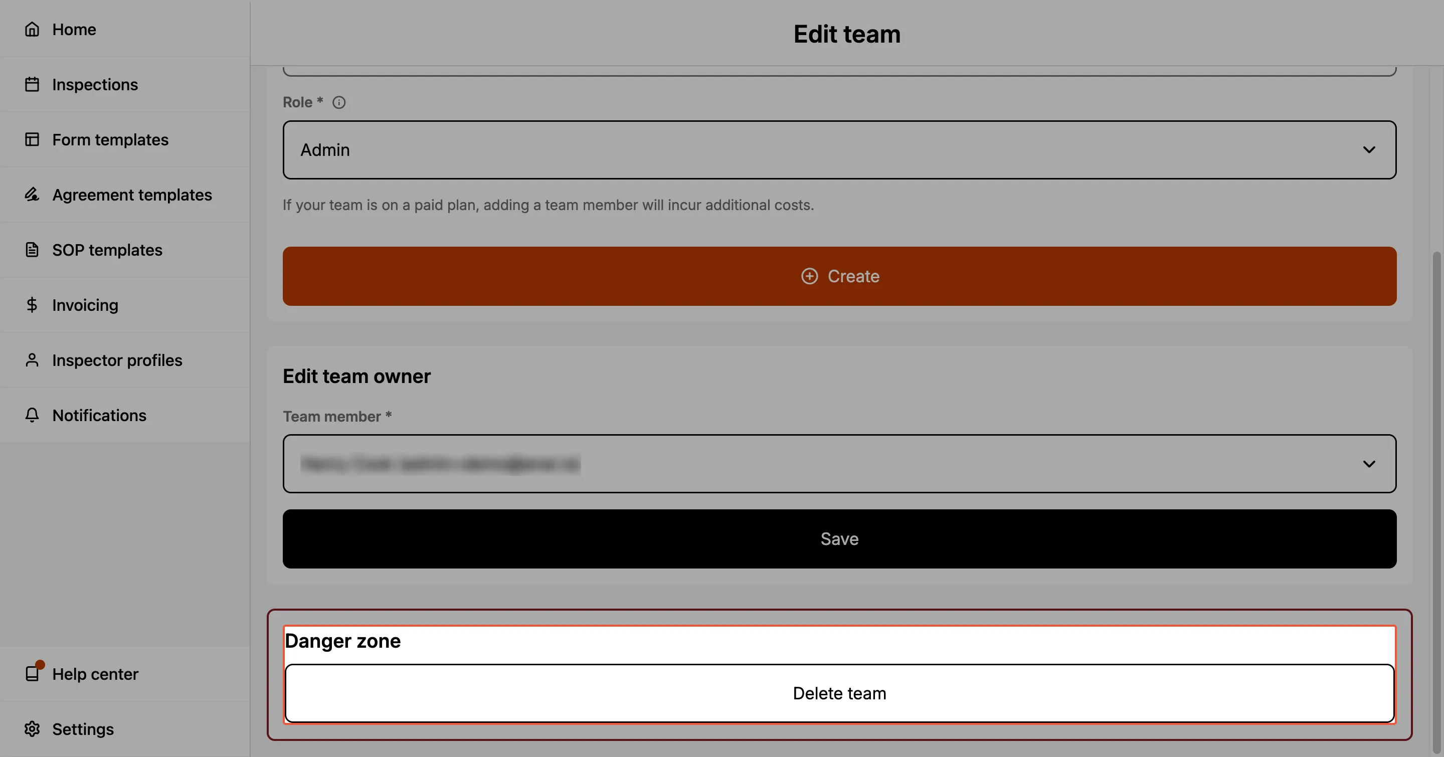 Edit team page with the Danger zone section and Delete team button highlighted.