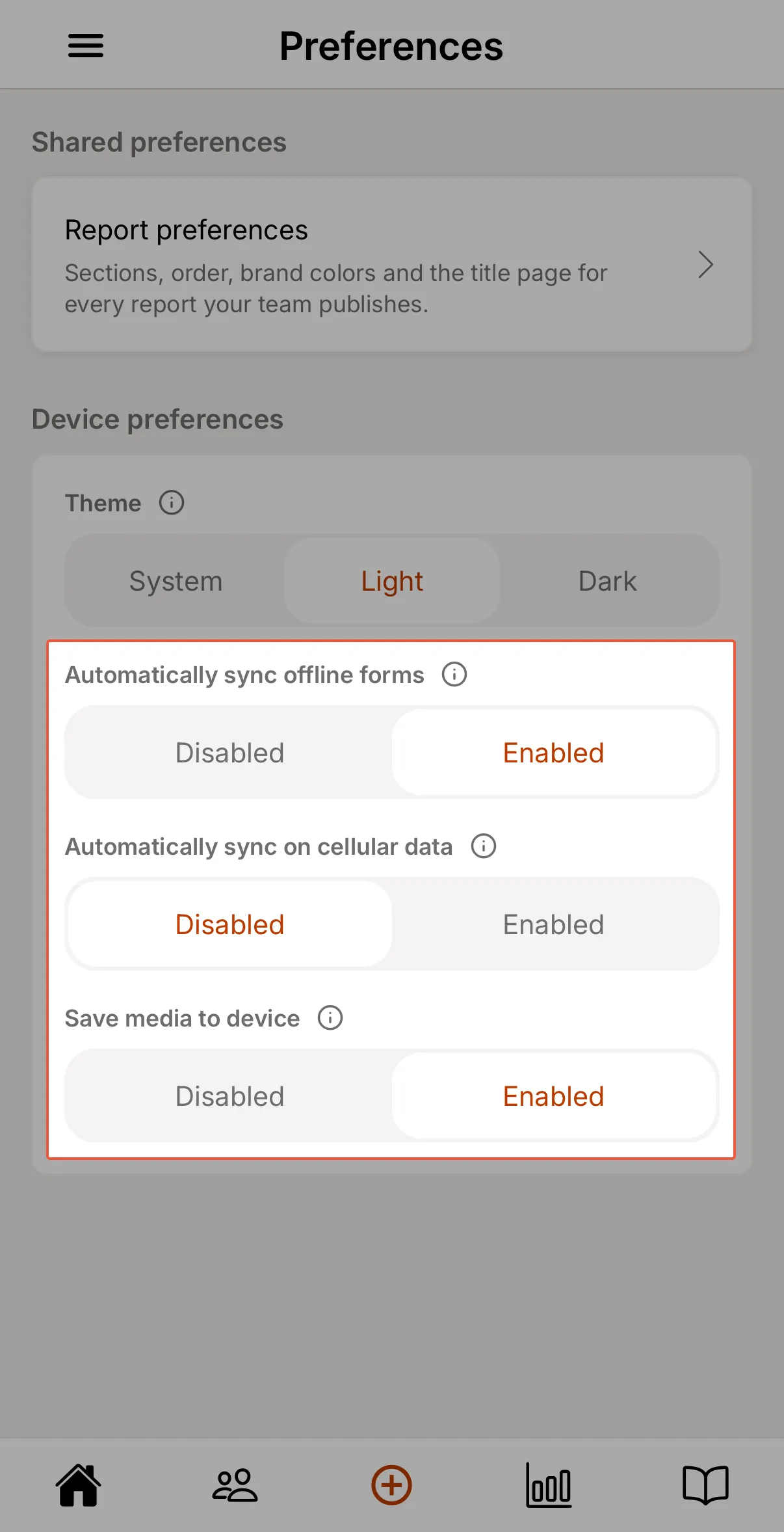 Device preferences on the mobile app with the automatic sync, cellular data, and save media to device settings highlighted.