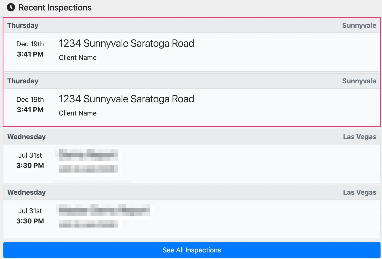 Example of a duplicated report in the Recent Inspections menu